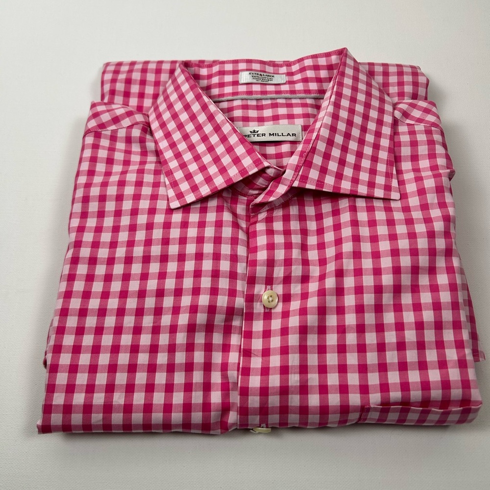 Peter Millar Pink and White Gingham Dress Shirt with tiny pirate on cuff (b0068)